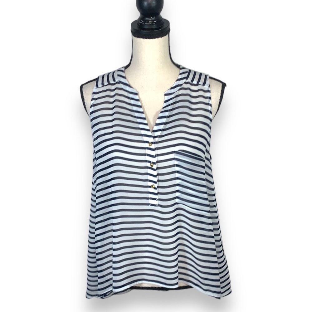 Gianni Bini Black White Sheer Striped Sleeveless Half Button Down Top Size XS